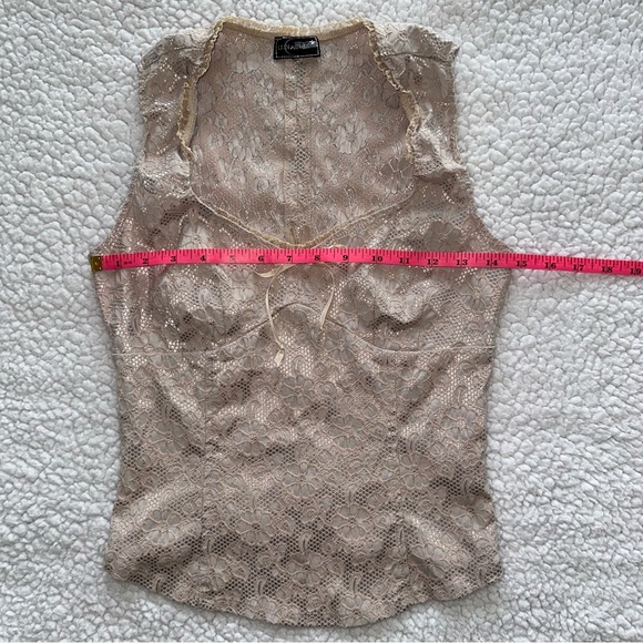 VTG Y2K coquette corset bow tank top floral gold lace top stretchy fairy core L - Picture 13 of 15